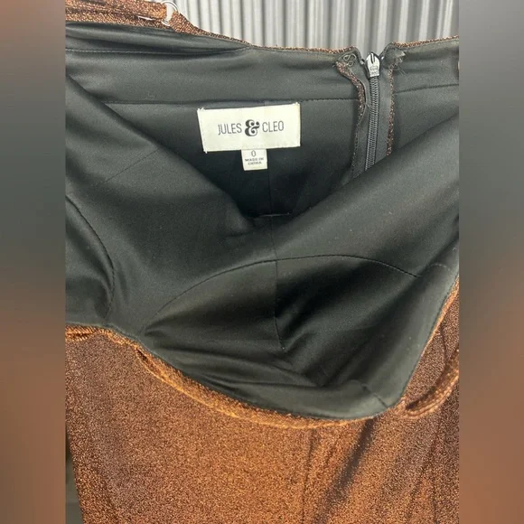 Women’s Jules & Cleo Design Nylon Metallic Spandex Orange Formal Maxi Slit Dress - Picture 3 of 9